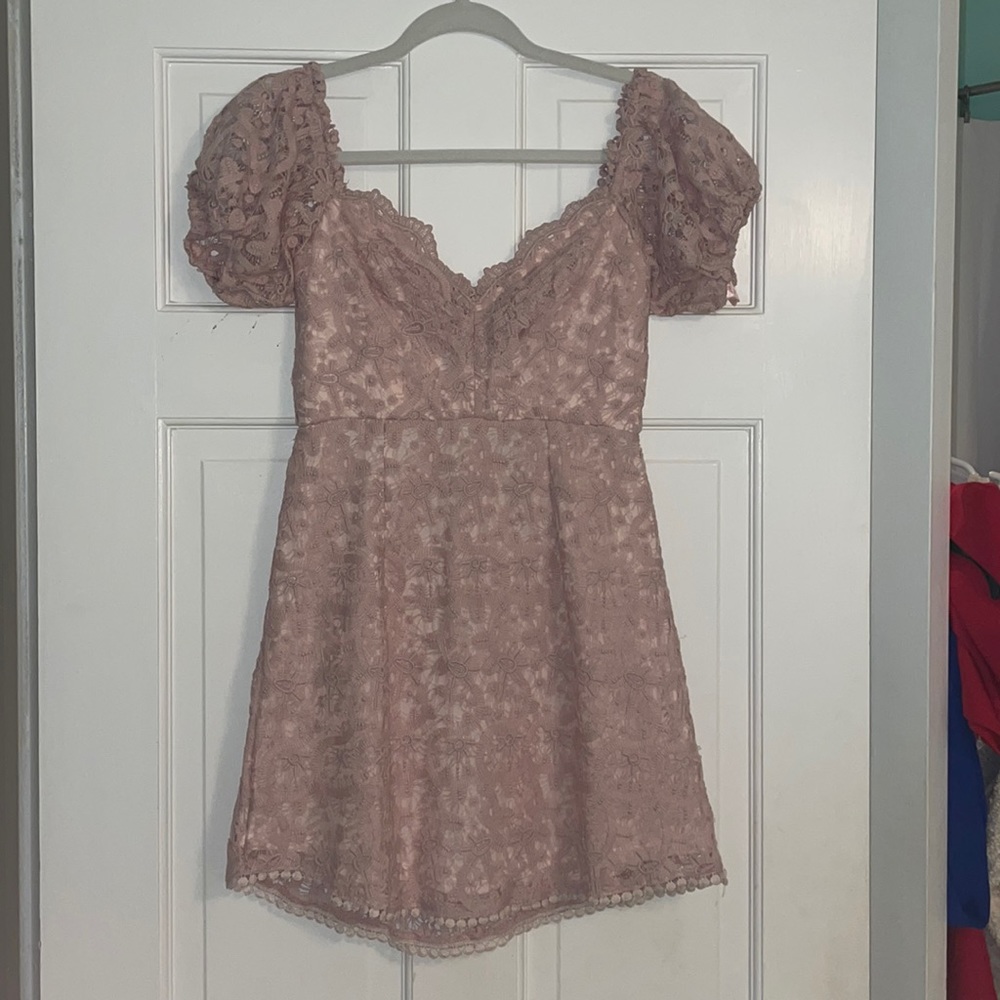 Angel Biba Pink Lace Puff Sleeves Sweetheart Mini Dress